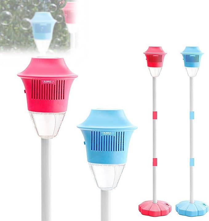 Red and blue bubble lamps with tall poles, round bases, and close-ups of the lamp heads.