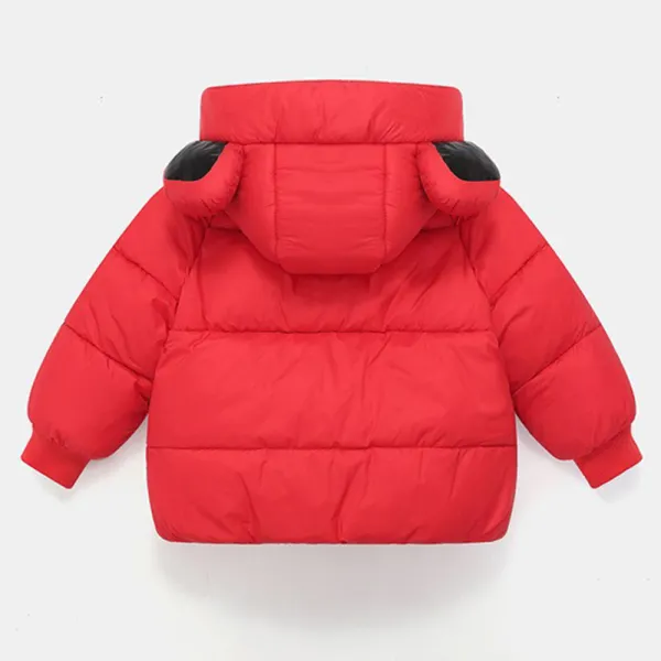 Back of the red quilted winter coat with animal-ear hood and ribbed cuffs