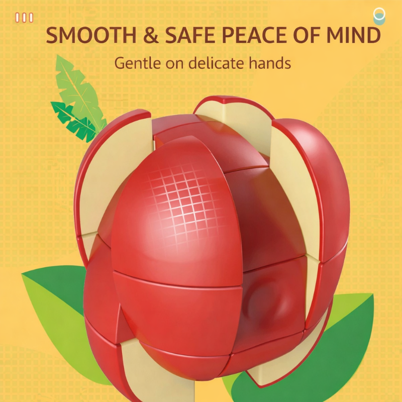 Red apple-shaped twist puzzle with rotated sections revealing cream-colored inner surfaces