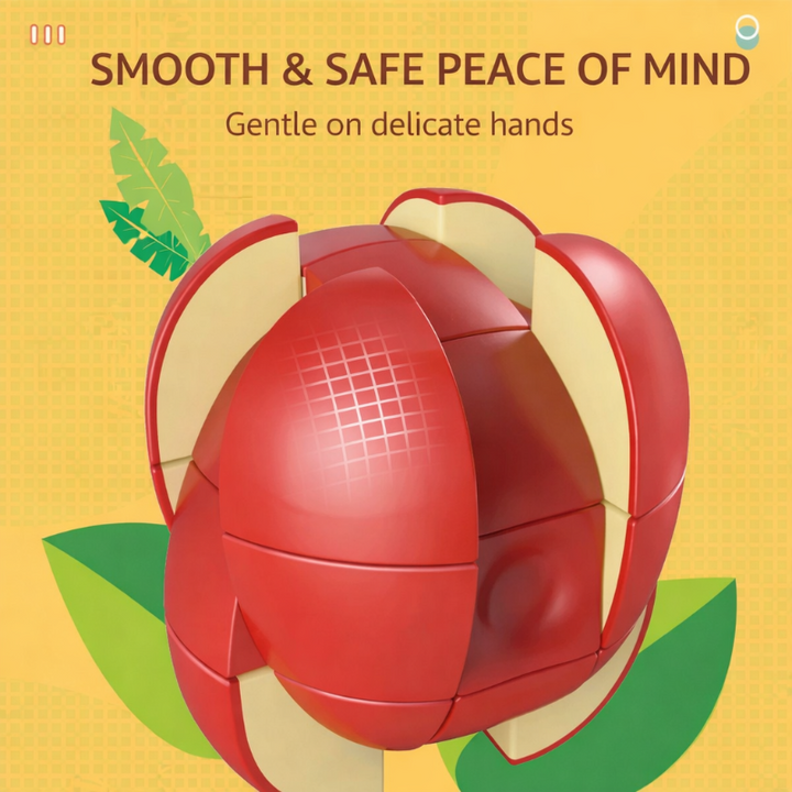 Red apple-shaped twist puzzle with rotated sections revealing cream-colored inner surfaces