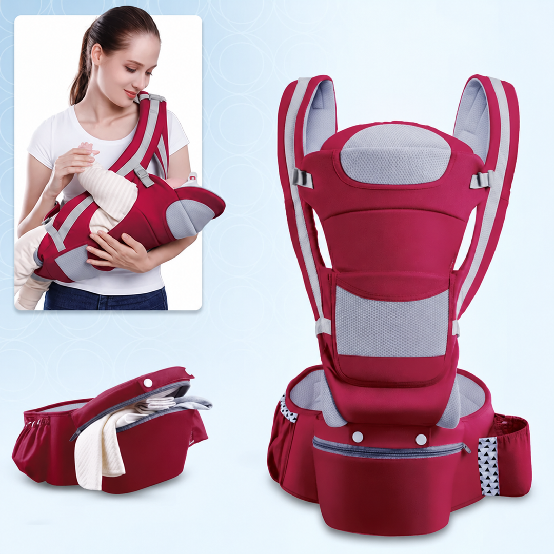 Red baby carrier with matching hip seat and open storage, plus a parent holding a baby