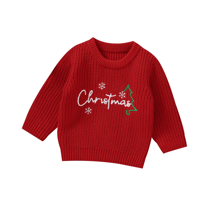 Front view of the red Christmas sweater with a green tree and white embroidered lettering.