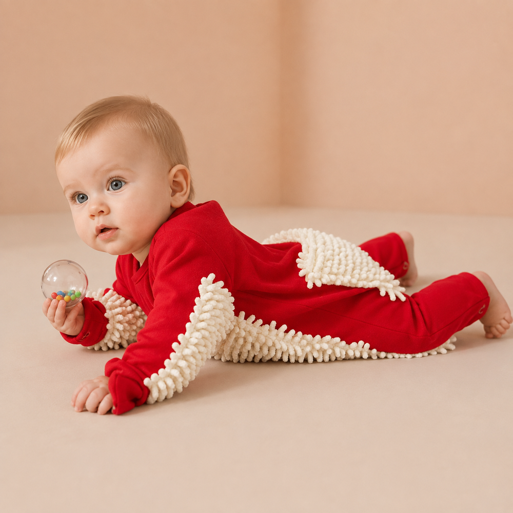 Baby in a red cleaning-fiber jumpsuit lying on a smooth floor and holding a small ball