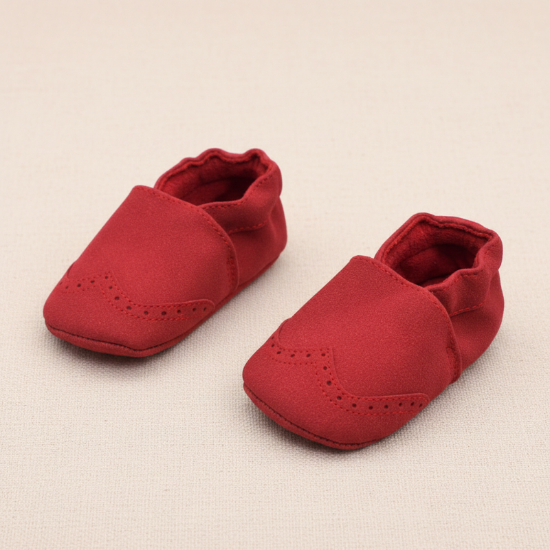 Red baby shoes with gathered ankle openings and rounded, perforated toes on beige fabric