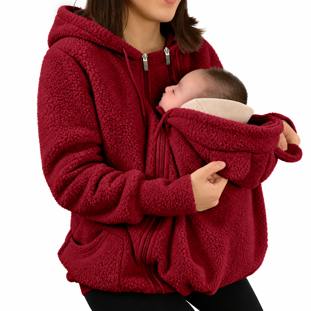 Red hooded babywearing jacket shown with a baby in front