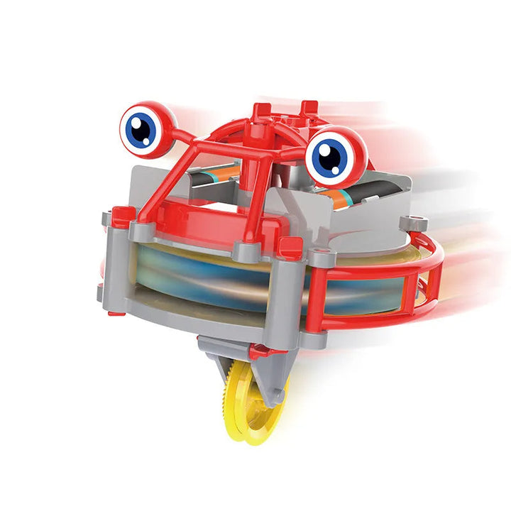 Red balancing robot with large eyes, gray supports, and a yellow wheel.