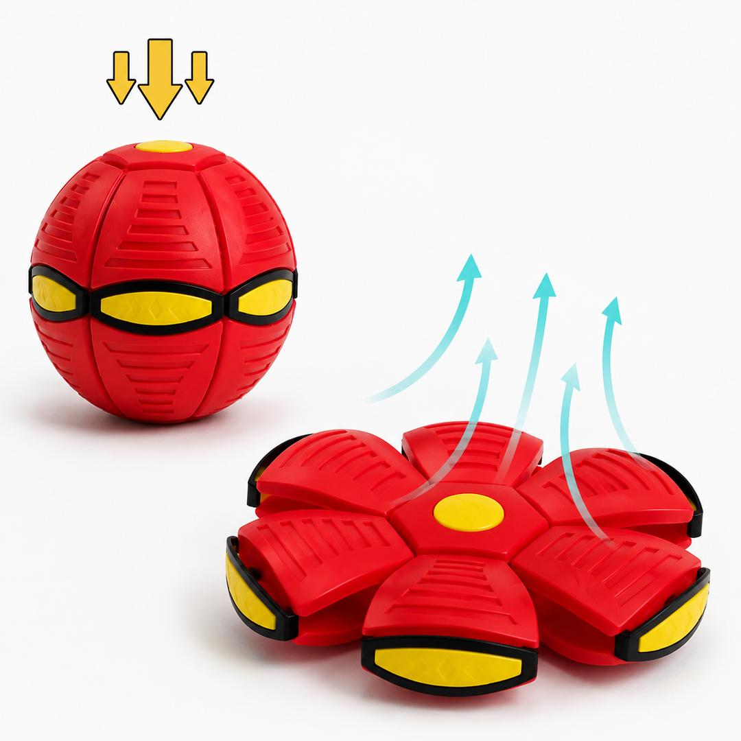 Red ball and flattened disc with arrows showing the shape-changing action