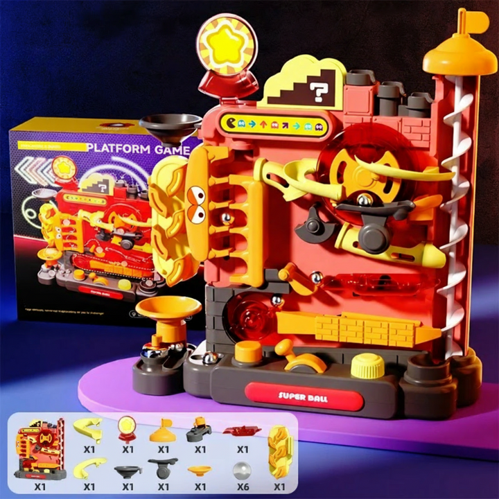 Red ball track beside its box, with an illustrated parts guide below