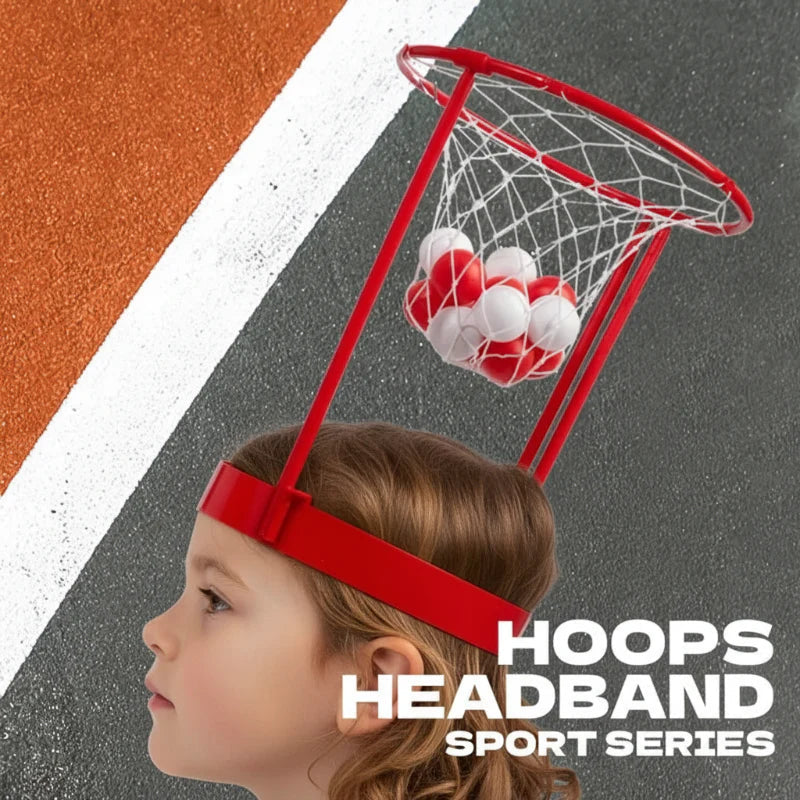 Side view of a child wearing a red hoop headband with red and white balls in the net
