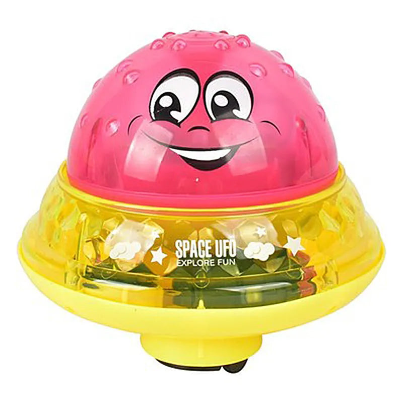 Red smiling bath ball shown on a yellow saucer-shaped base