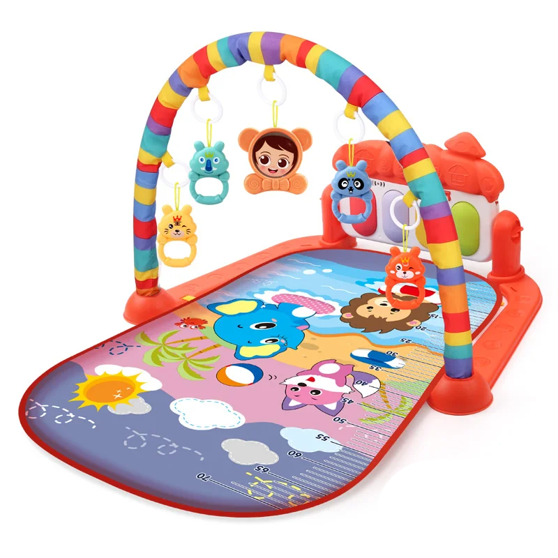 Red beach animal baby gym with a printed mat and overhead hanging toys