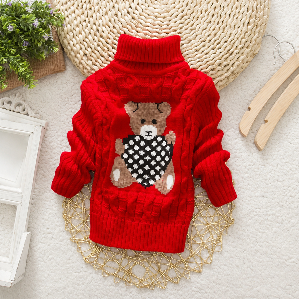 Red kids' cable-knit turtleneck sweater with a bear motif