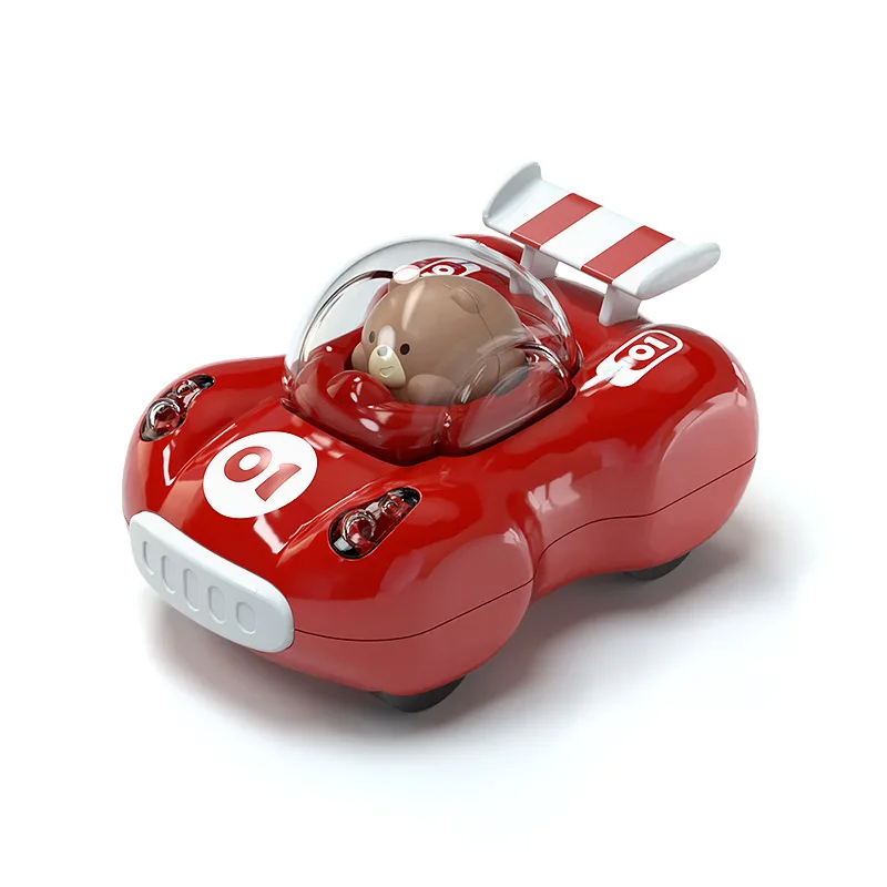 Red toy race car with bear driver, clear canopy and red-striped rear spoiler