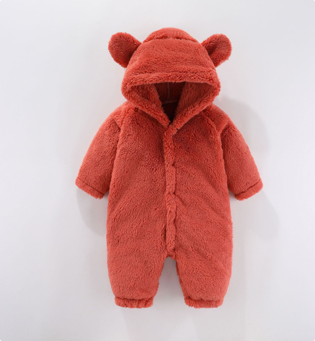 Red fleece baby romper with a bear-ear hood and front button closure