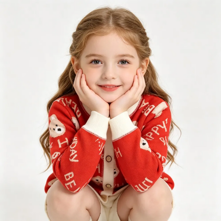 Red bear-pattern knit cardigan shown on a seated child