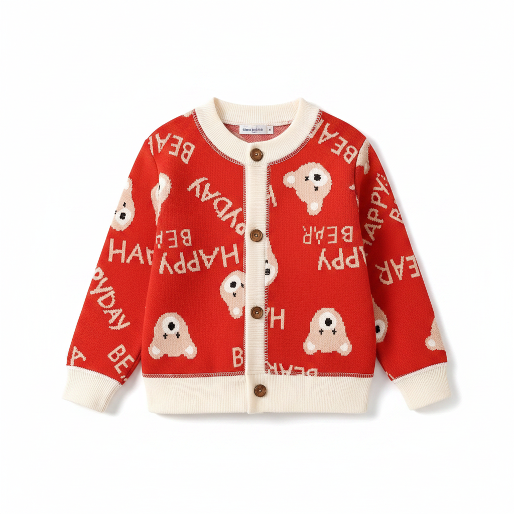 Red knit cardigan with bear motifs, lettering, and cream ribbed trim