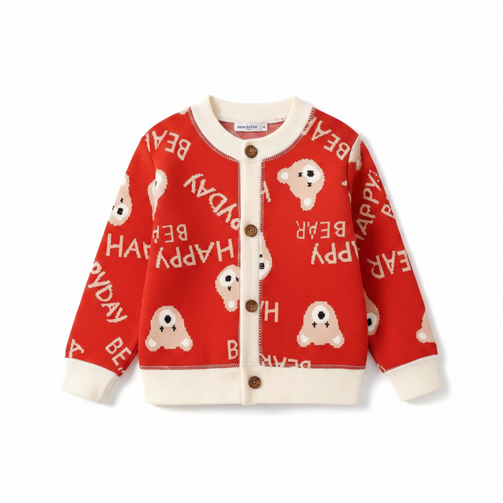 Red knit cardigan with bear motifs, lettering, and cream ribbed trim