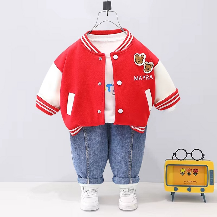 Red-and-cream varsity jacket with bear patches, a white T-shirt, and blue jeans