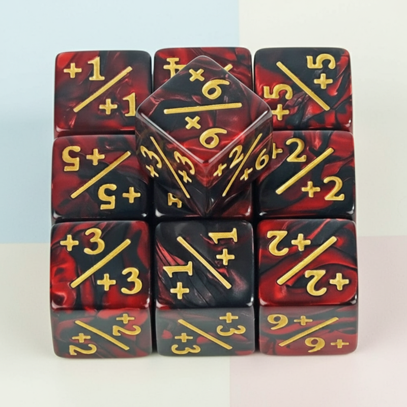 Red and black swirled counter dice with gold-colored positive values