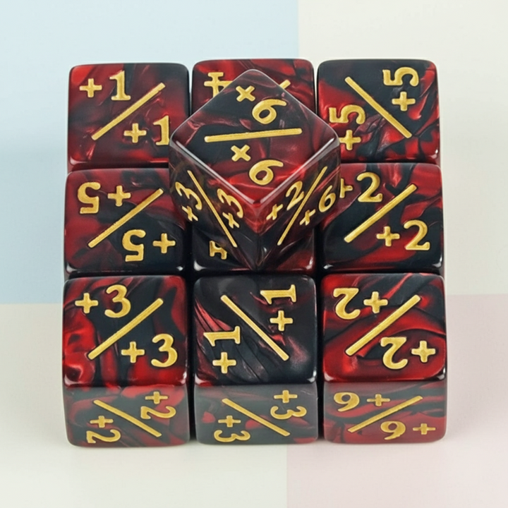 Red and black swirled counter dice with gold-colored positive values