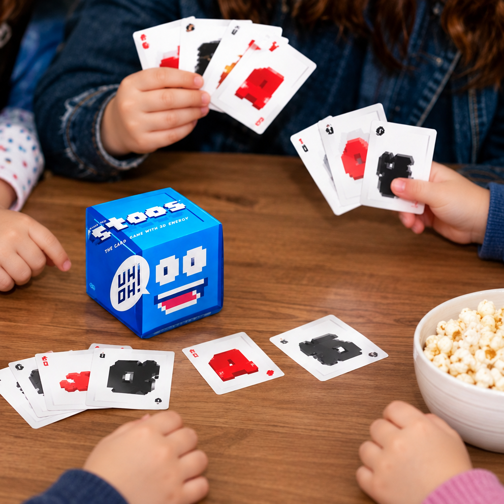 Players holding red and black symbol cards above a table with a blue game box