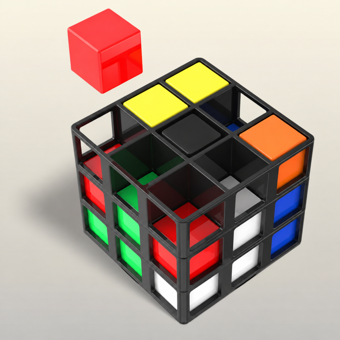 Red block above a black open-frame puzzle cube with multicolored blocks