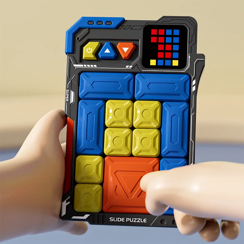 Hands moving the red block on a sliding puzzle with an LED pattern display
