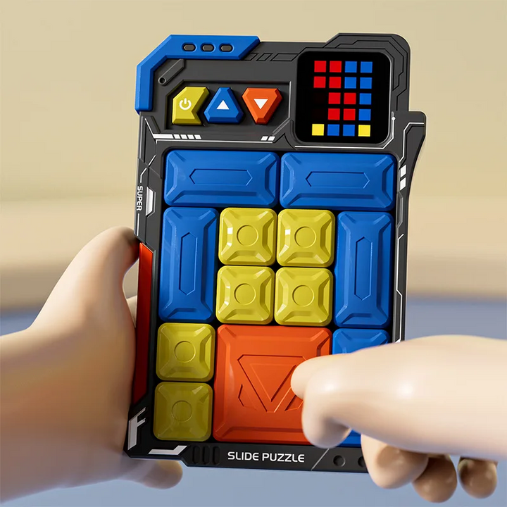 Hands moving the red block on a sliding puzzle with an LED pattern display