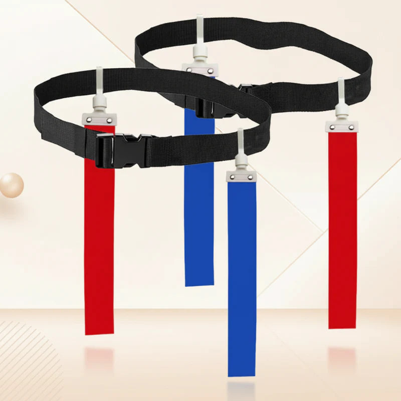Black adjustable flag football belts with red and blue hanging flags