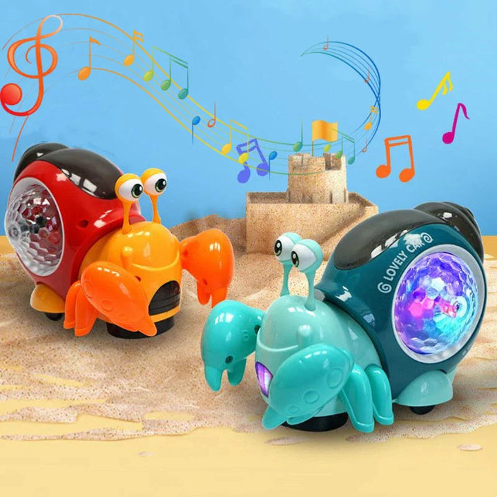 Red and blue crab variants with orange and turquoise bodies, glowing shells, and musical notes