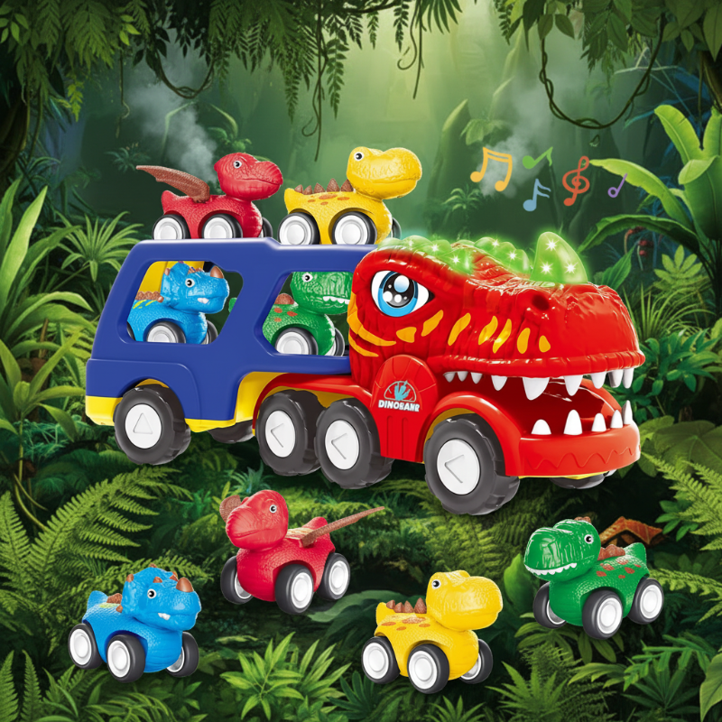 Red and blue dinosaur transporter surrounded by colorful dinosaur vehicles.