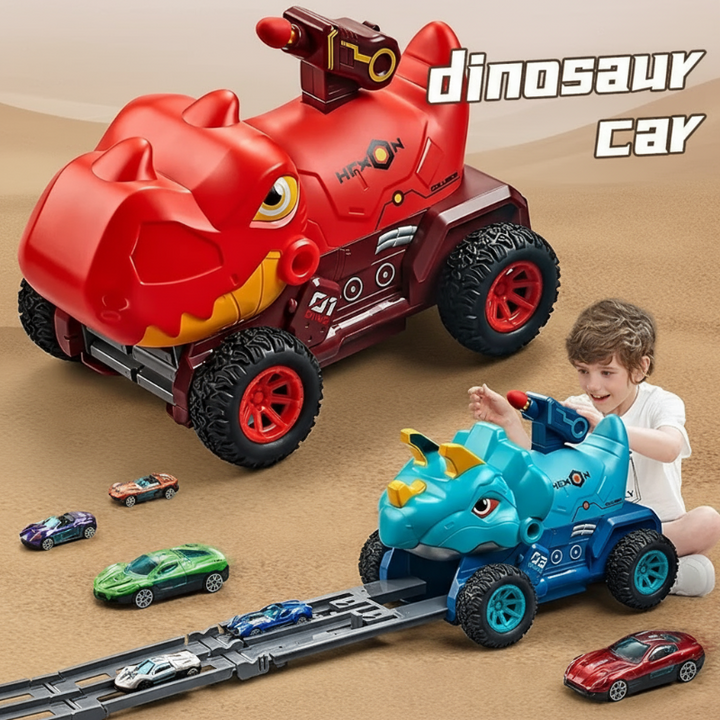 Red and blue dinosaur vehicles with mini cars, an extended launch track, and a child playing