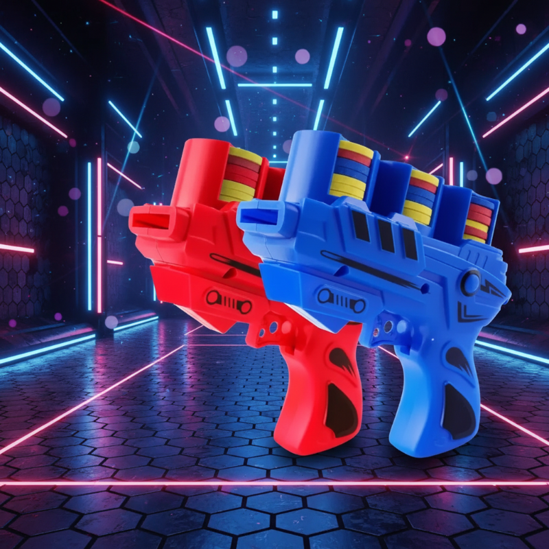 Red and blue foam disc blasters side by side against a neon-style background