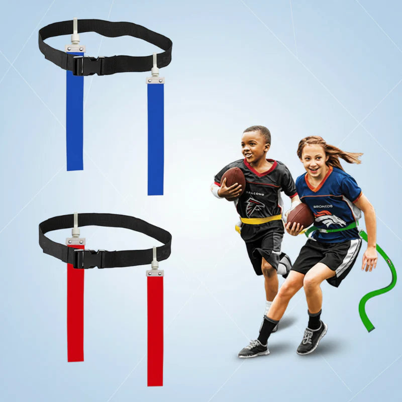 Red and blue flag football belts displayed beside two running players holding footballs