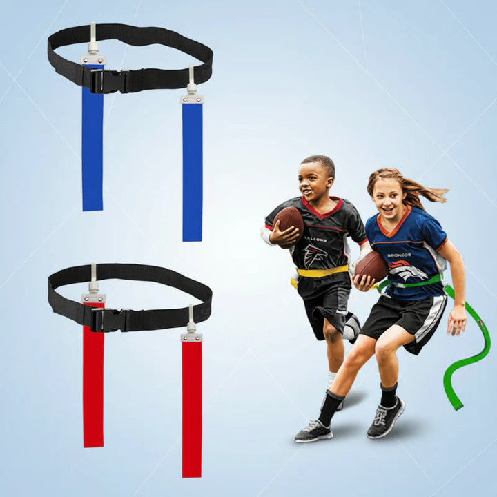 Red and blue flag football belts displayed beside two running players holding footballs