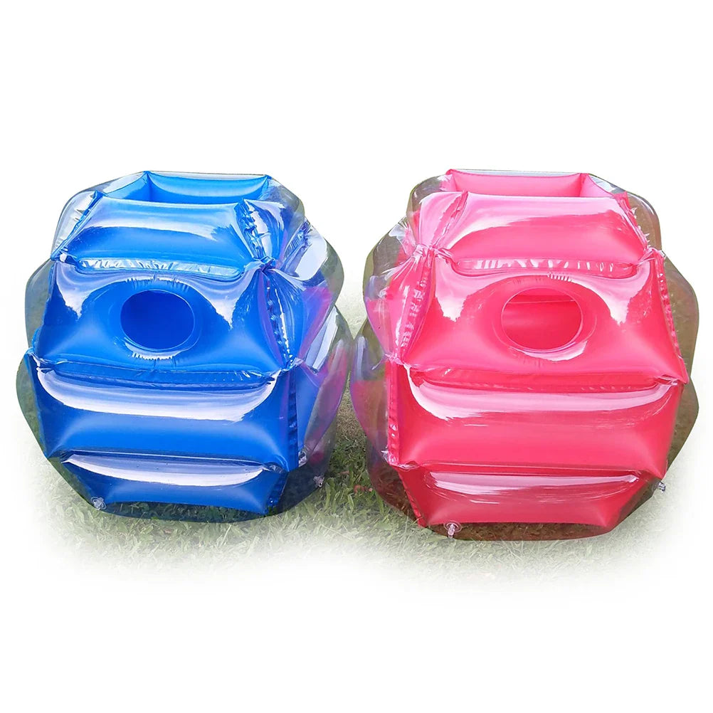 Two inflatable play balls in blue and red with transparent outer sections