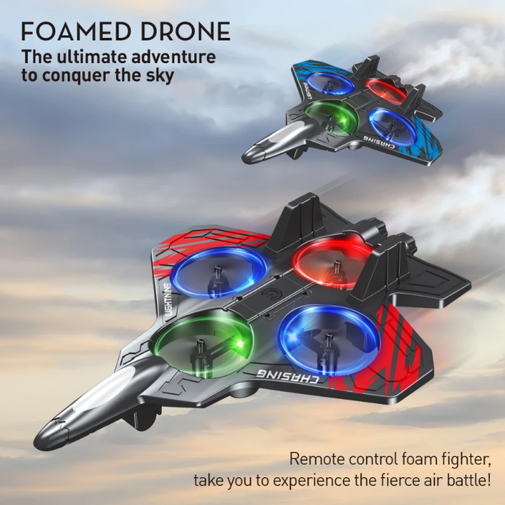 Red and blue RC stunt planes with jet-shaped bodies and four illuminated propeller rings.