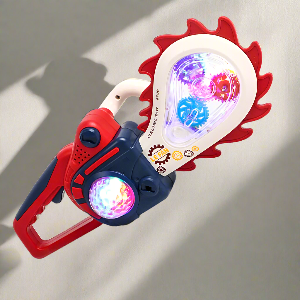 Red and blue toy saw with glowing gear lights and a large open handle