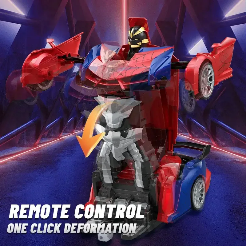 Red-and-blue RC robot with an arrow showing the transformation movement