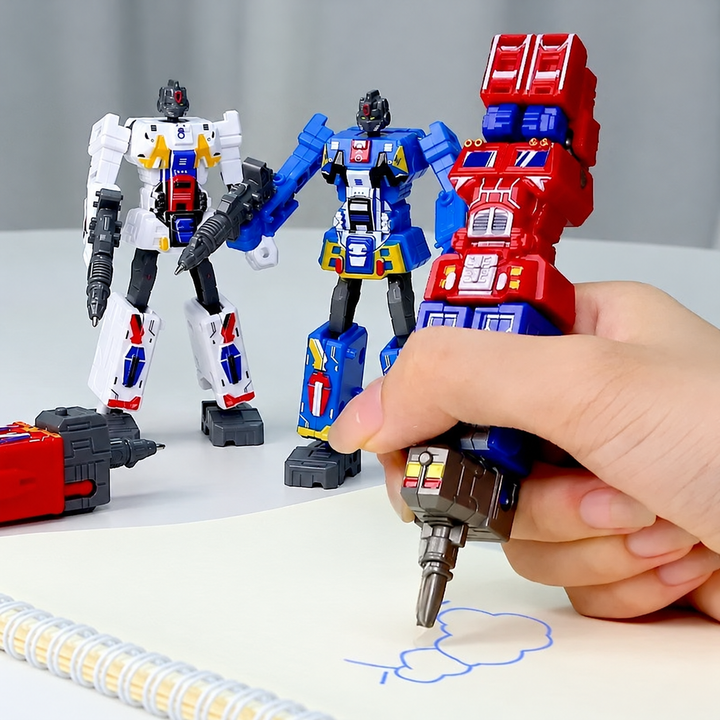 Hand drawing with a red-and-blue robot pen beside blue and white robot figures