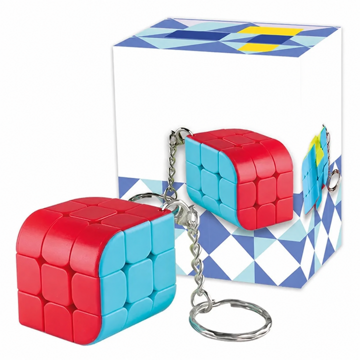 Red and blue rounded cube puzzle with a key ring beside its box