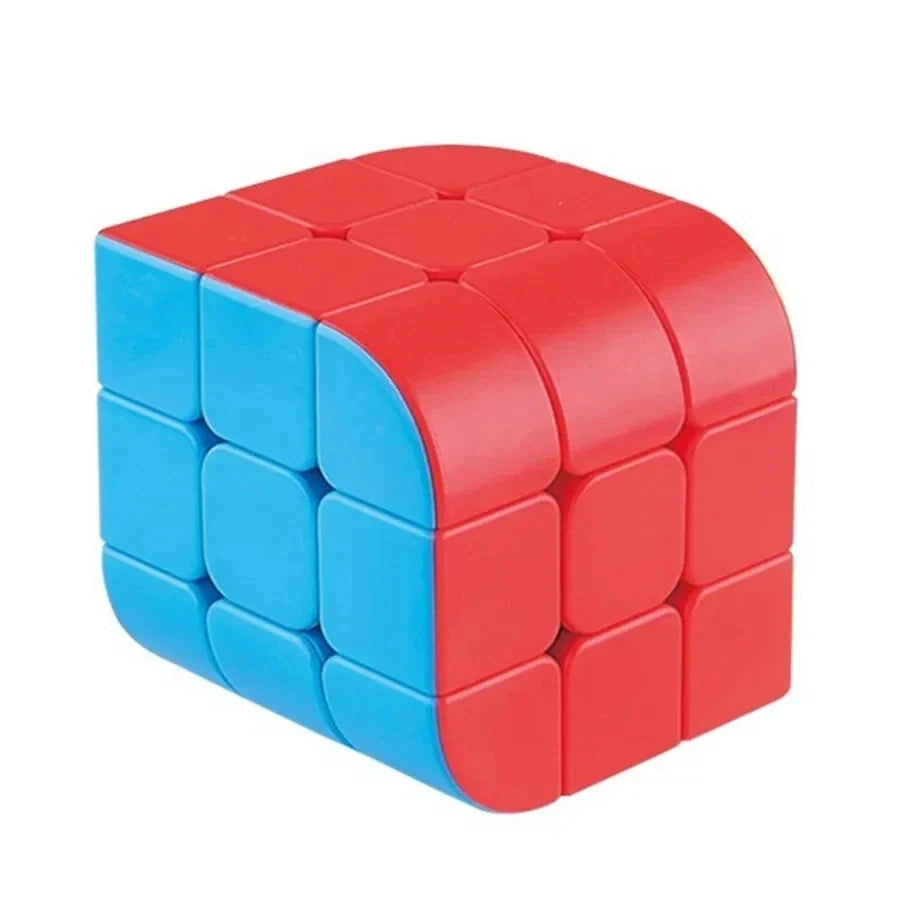Rounded red and blue cube puzzle with a grid of curved sections