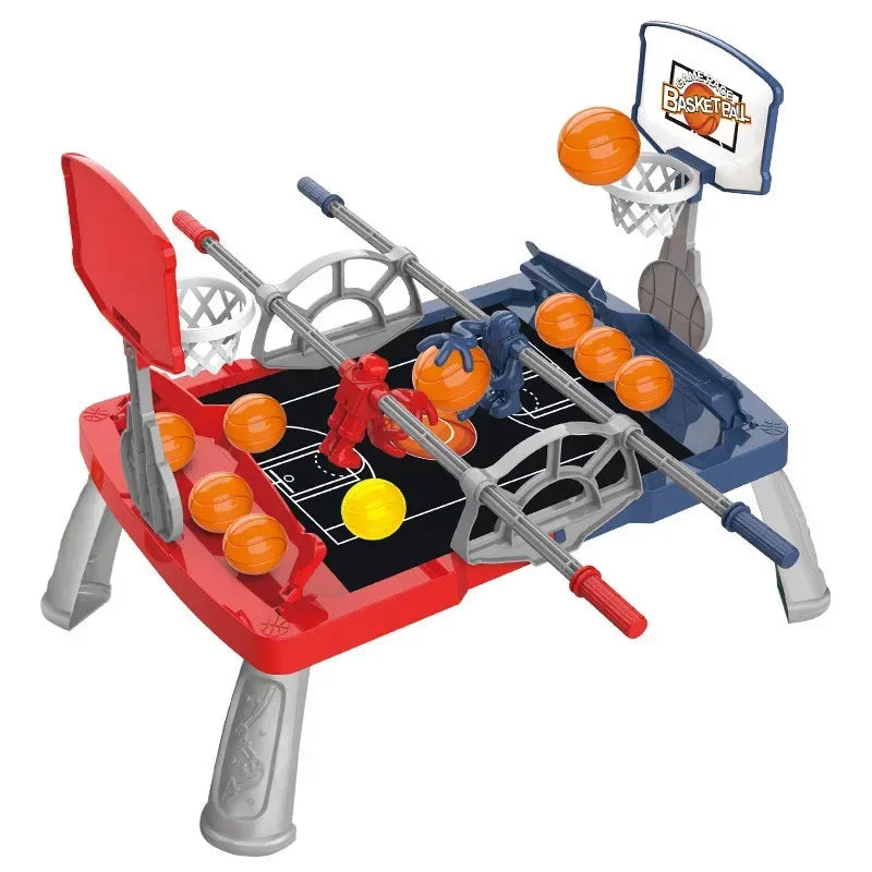 Red and blue tabletop basketball game with two hoops and handle-controlled player figures