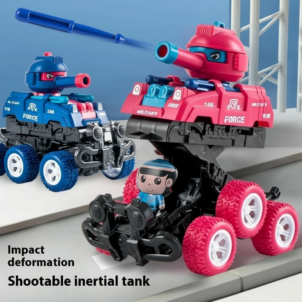 Red toy tank transformed to reveal a driver, with a blue tank and an illustrated projectile