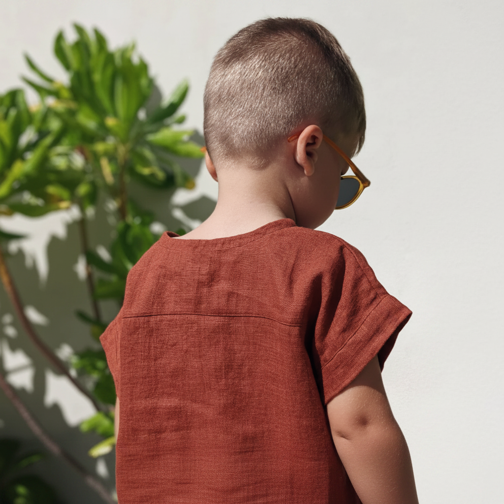 Back view of a boy wearing the red short-sleeve shirt outdoors