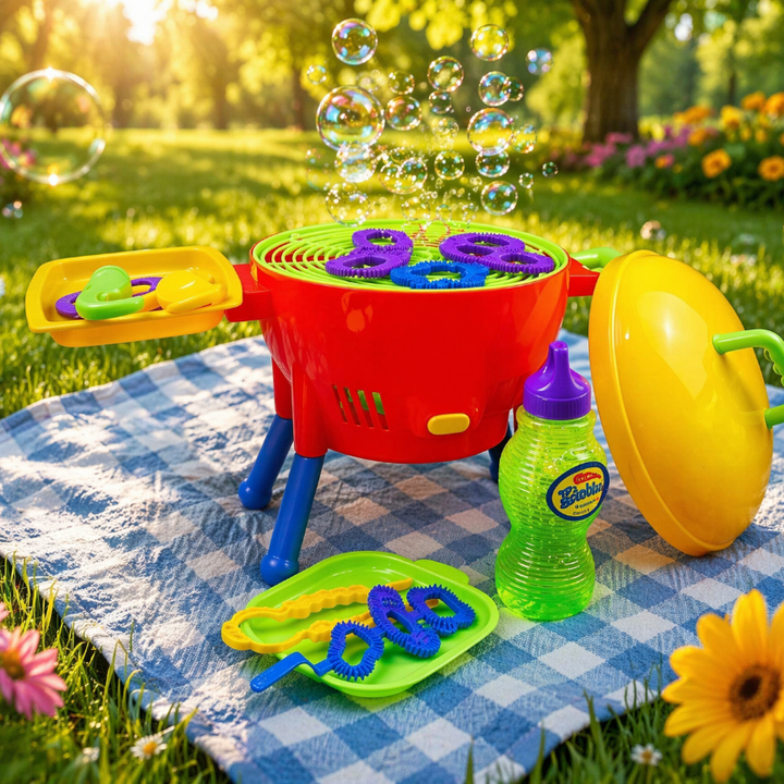 Red bubble grill releasing bubbles with a yellow lid and bubble solution beside it.