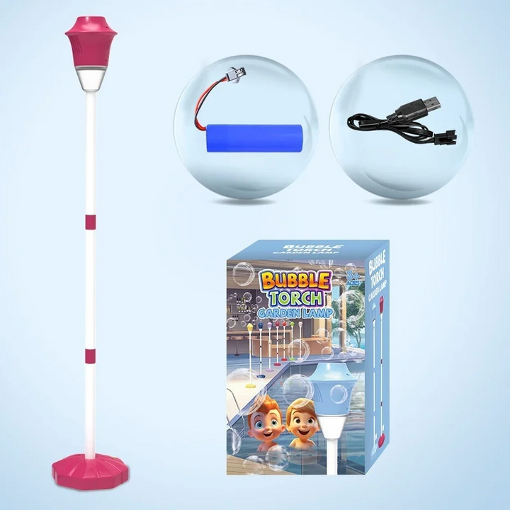 Red bubble lamp with a matching base, battery, USB cable, and retail box.