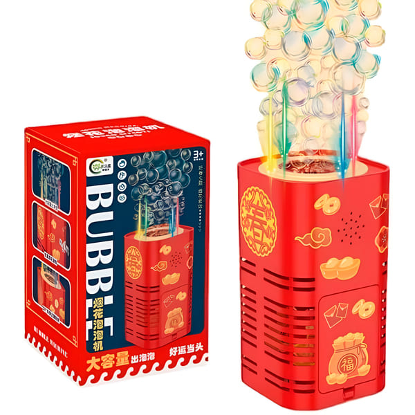 Red bubble machine beside its retail box with an illustrated stream of bubbles