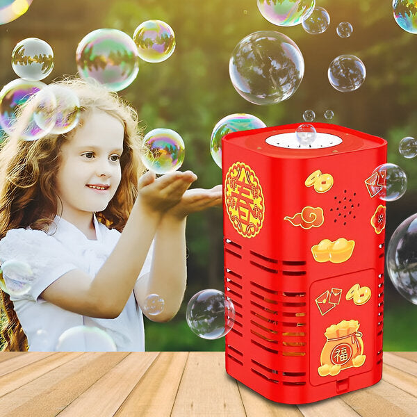 Child reaching toward bubbles beside a red bubble machine on an outdoor table