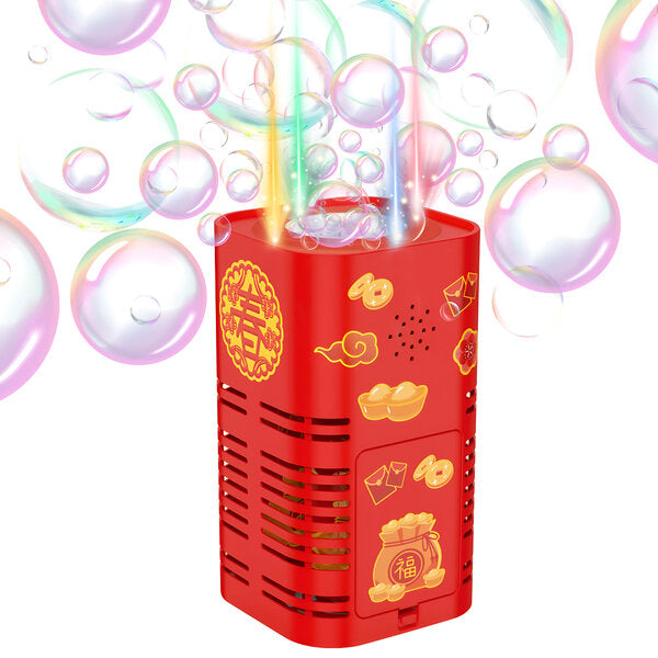 Red bubble machine shown beneath bubbles and colorful light effects